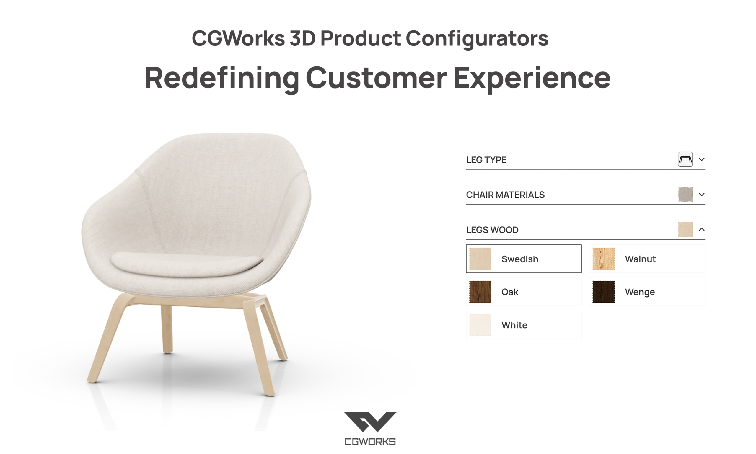 An image featuring the text "CGWorks 3D product configurators," showcasing a 3D model of a chair and a product configurator's interface for attribute selection.