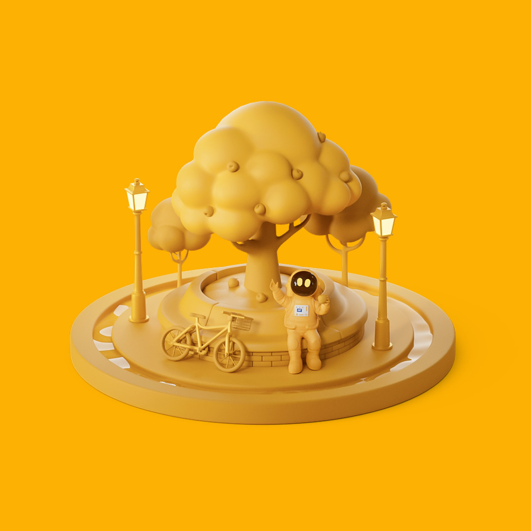 A yellow monochrome 3D illustration of an astronaut standing near a large tree, with a bicycle and street lamps nearby, all set on a circular platform against a yellow background.