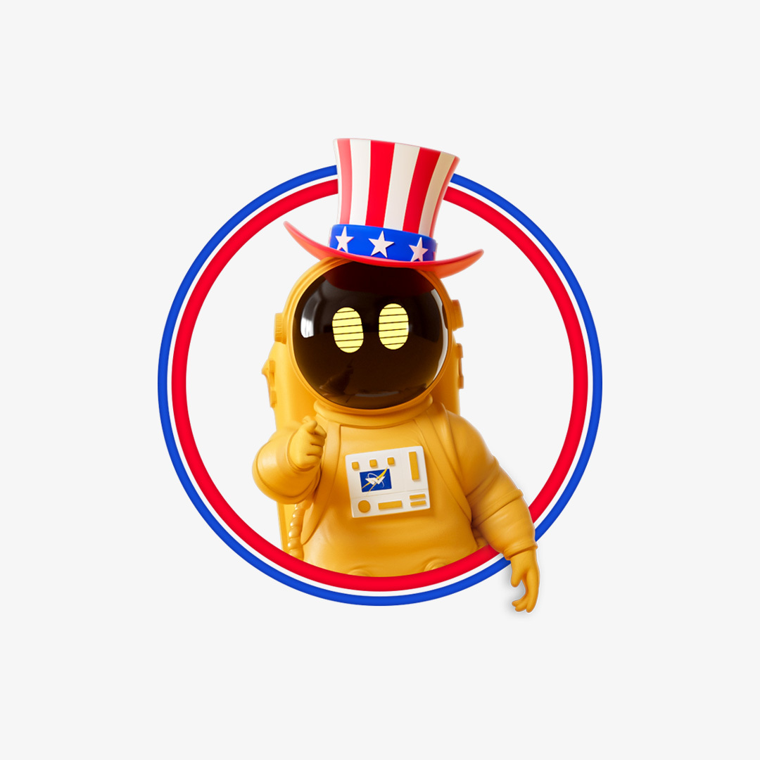 A yellow cartoon astronaut in a spacesuit gives a thumbs up, wearing a red, white, and blue Uncle Sam hat, with a circular patriotic border behind them on a plain white background.