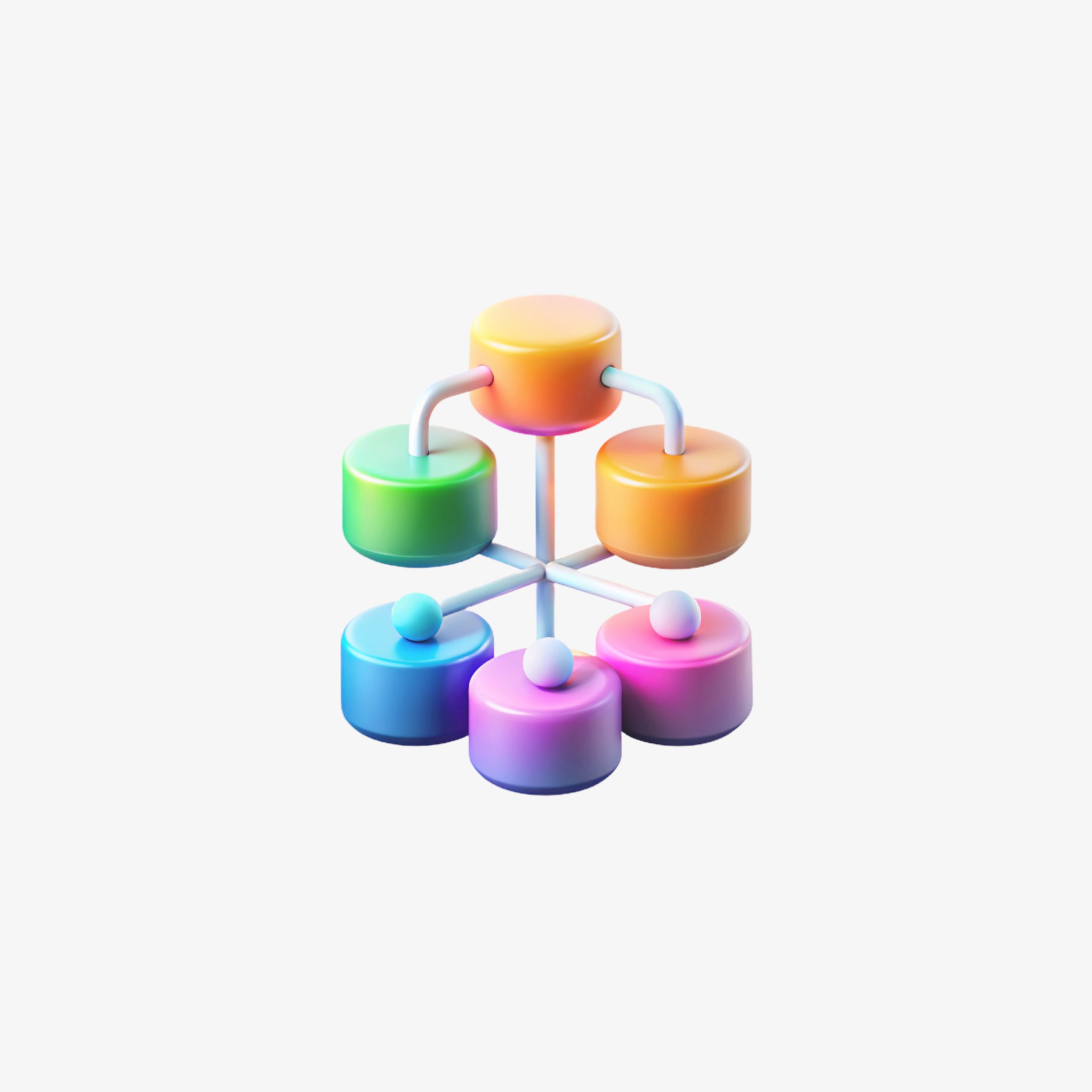 A colorful 3D illustration of six connected cylinders arranged in a network structure, featuring pastel gradients of orange, yellow, green, blue, and purple, on a white background.
