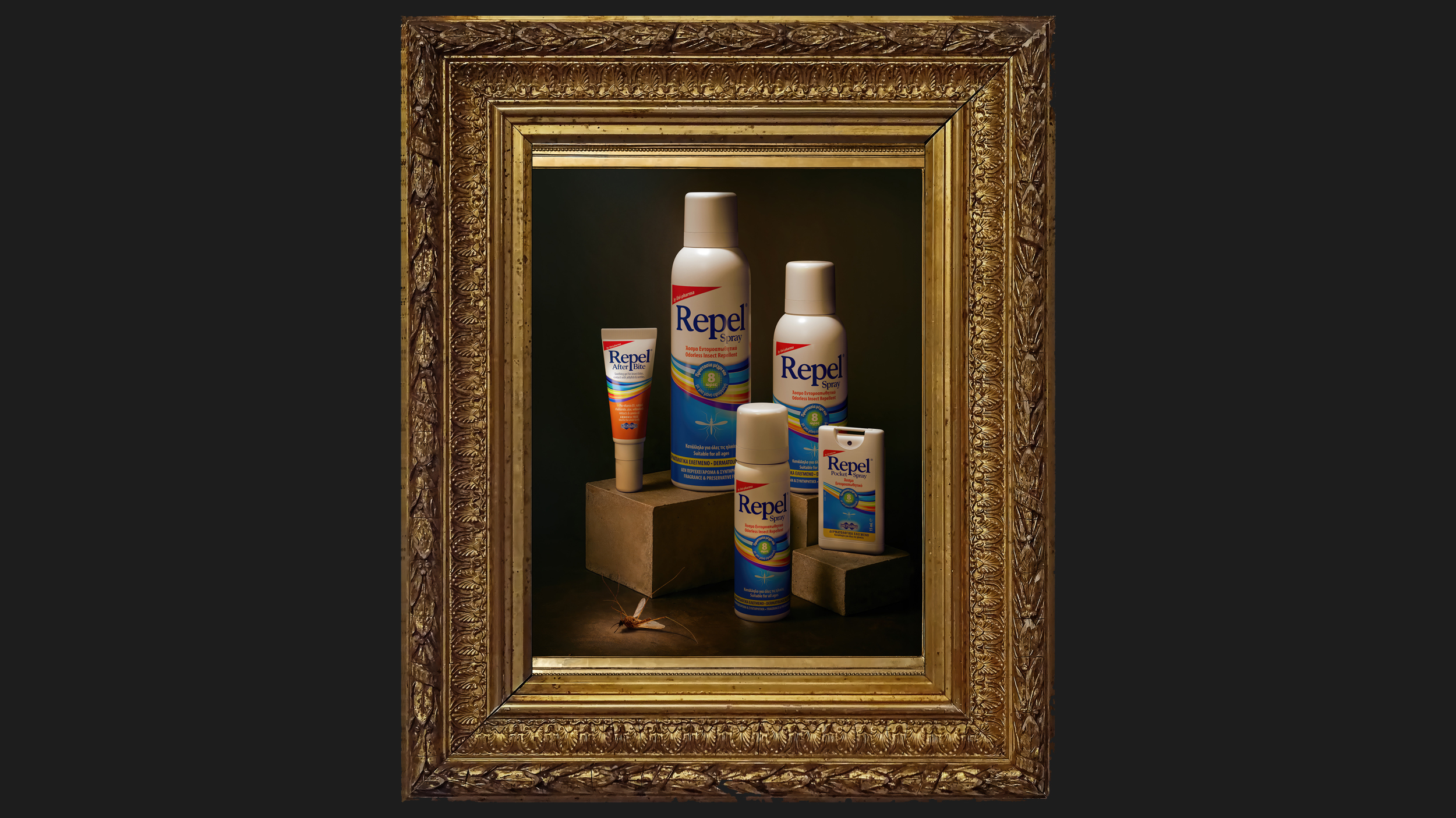 A framed portrait-style photo featuring various Repel insect repellent products arranged on wooden blocks, with a cockroach at the base, all set against a dark background.