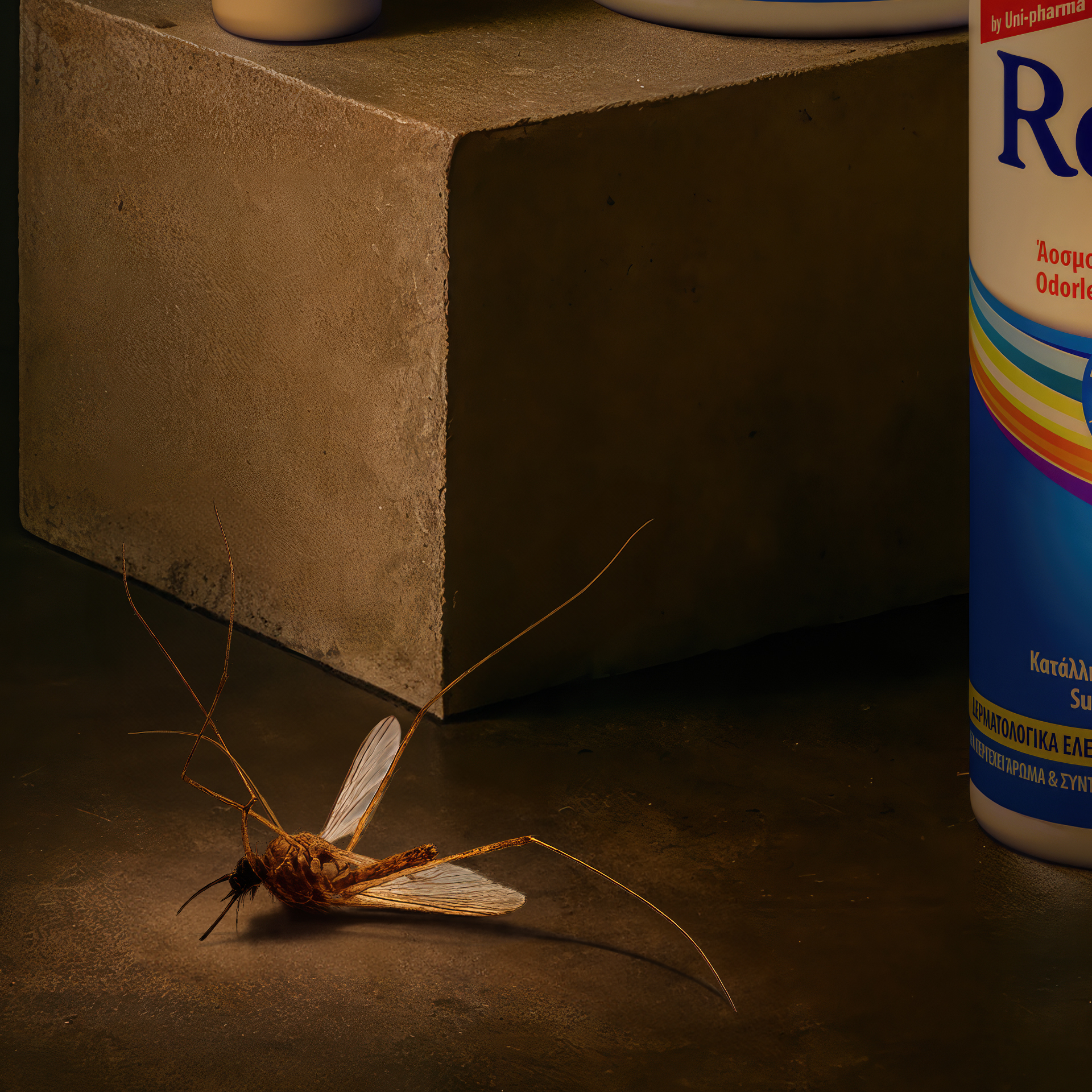 A close-up of a dead mosquito on a wooden surface next to a concrete block, with a colorful insect repellent spray can partially visible on the right side of the image.