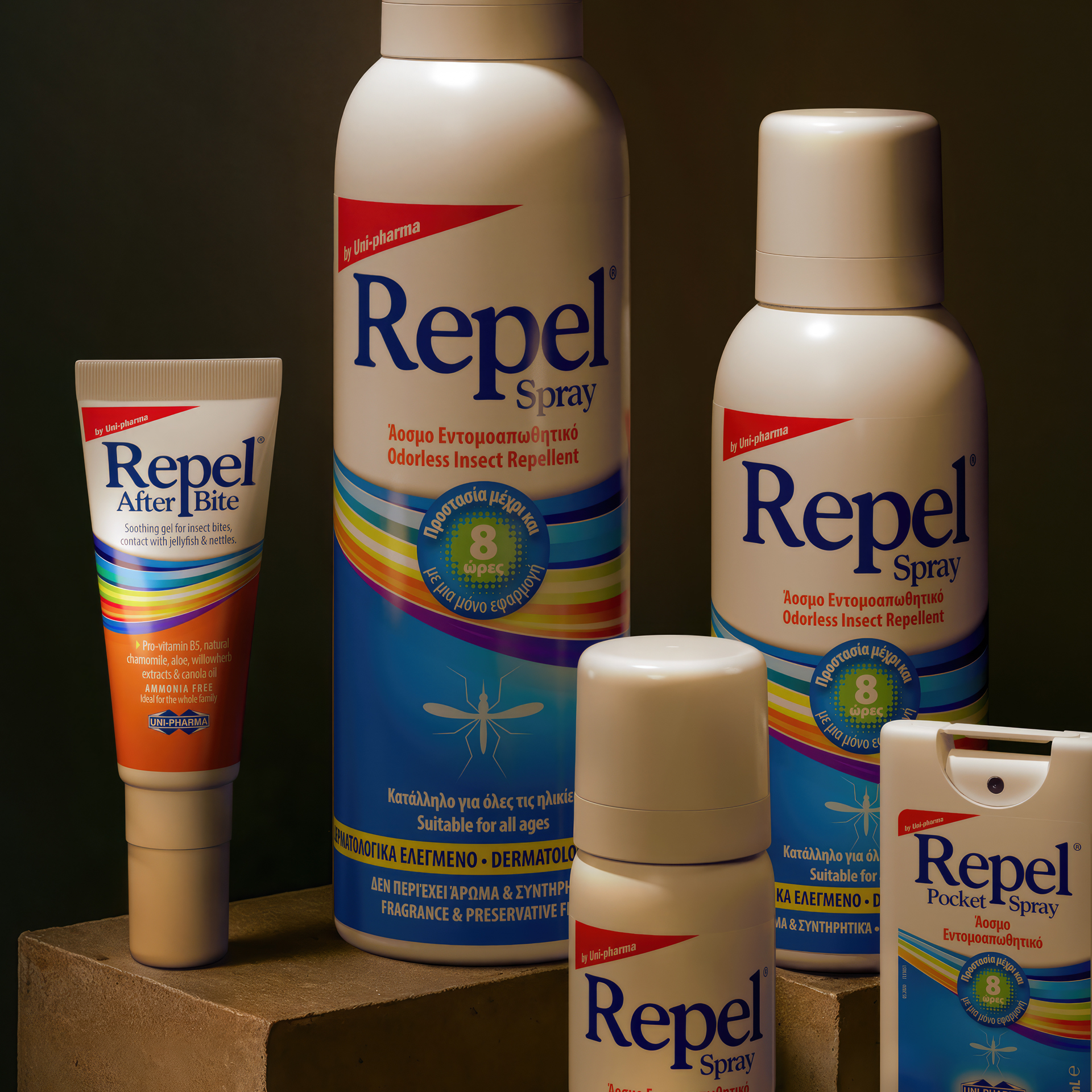 A group of Repel insect repellent products, including sprays, pocket sprays, and an after-bite tube, arranged on a brown surface with Greek and English text on the packaging.