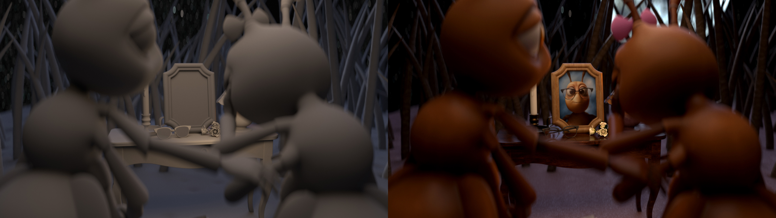 Two ants hold hands and look at a photo in a small frame on a wooden table in a forest. The left side of the image is grayscale, while the right side is in full color with richer details and lighting.